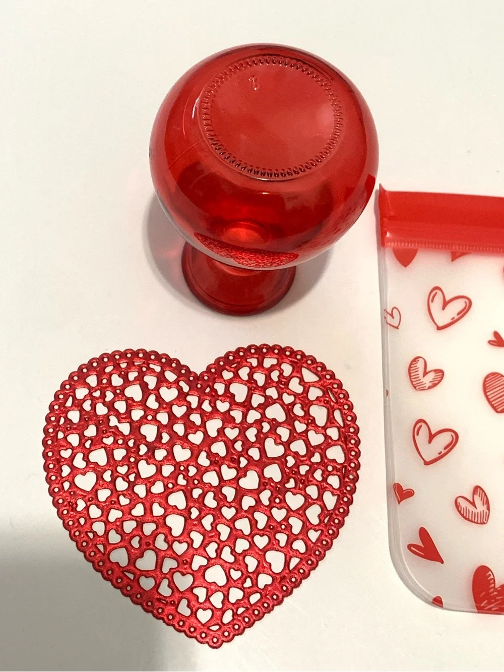 Red Heart-Themed Glass Vase, Coaster and Reusable Bag Set
